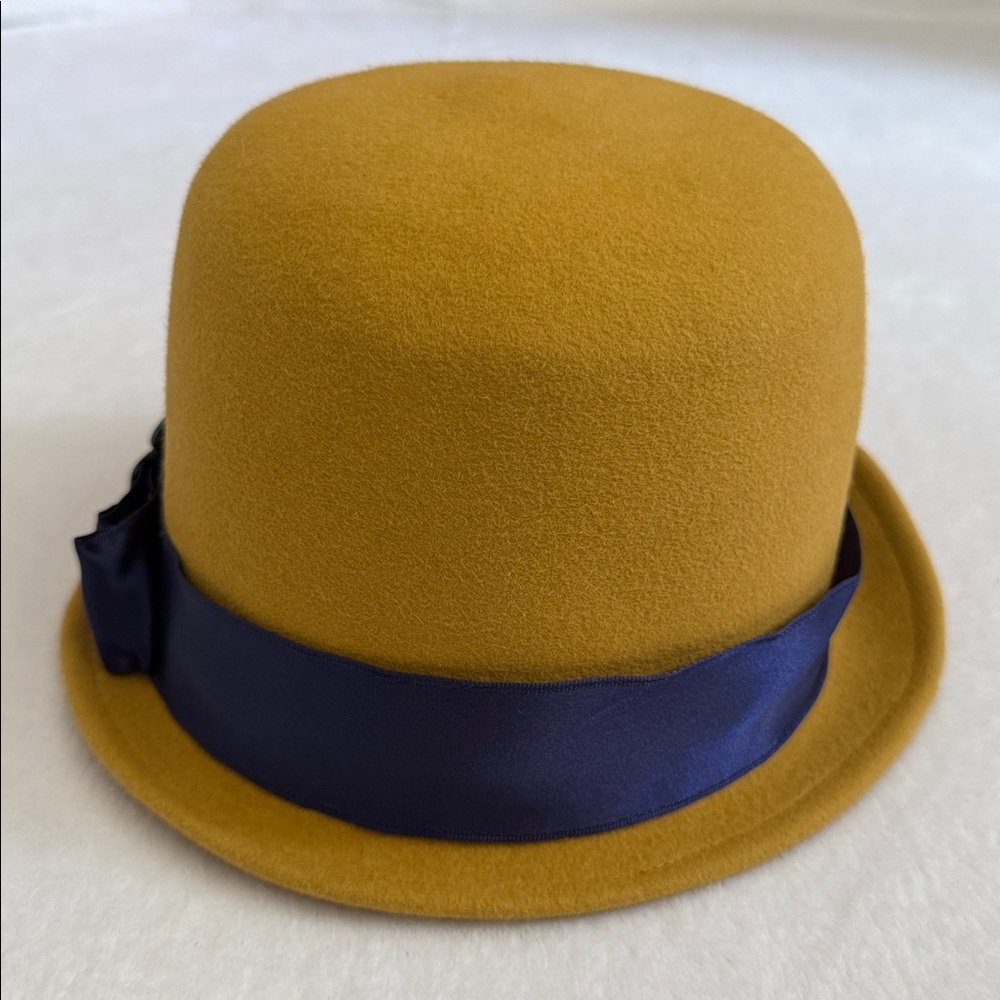 {VTG} Linda Campisano | Felt Cloche Ribbon Trimmed Hat Mustard Yellow/Purple - Picture 4 of 11